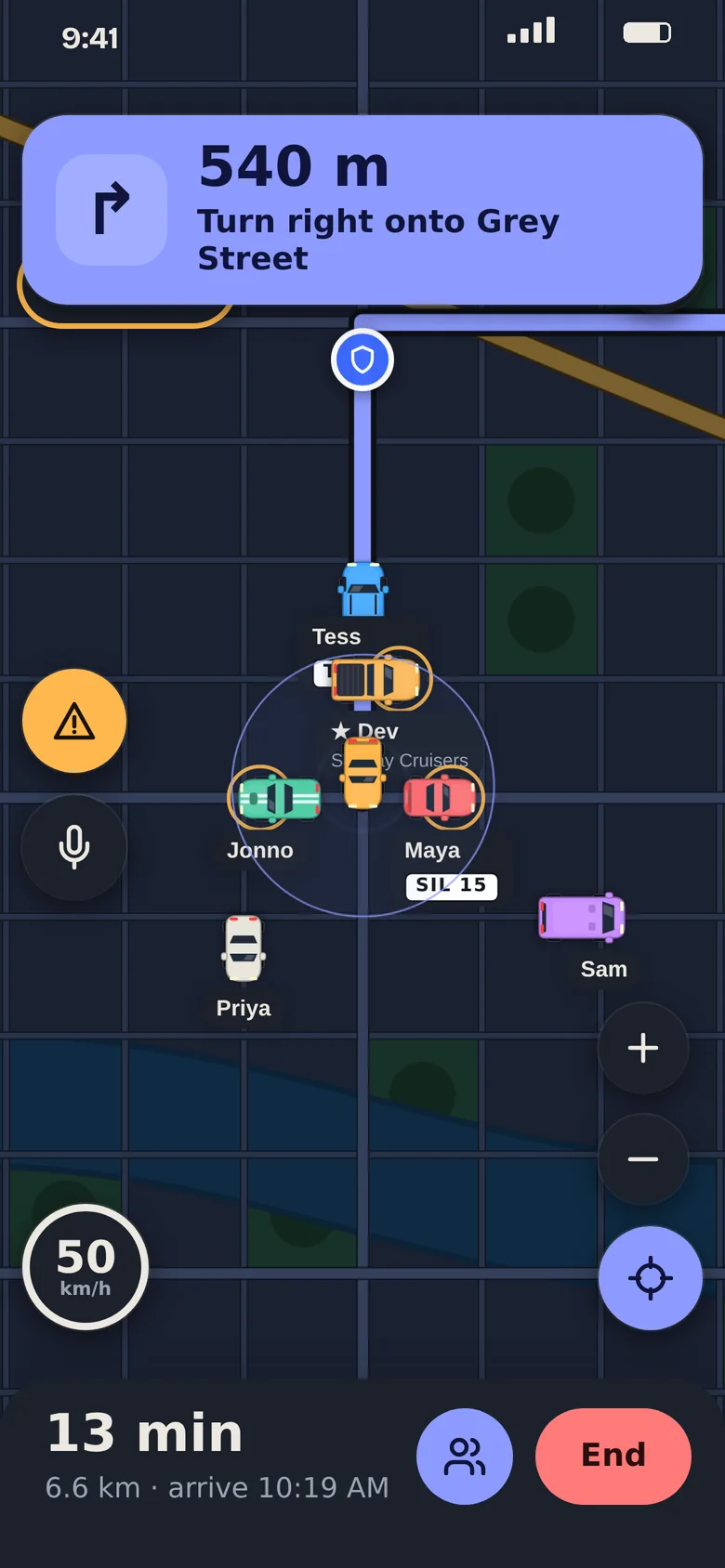 Turn by turn navigation on the night map: turn right in 540 metres onto Grey Street.
