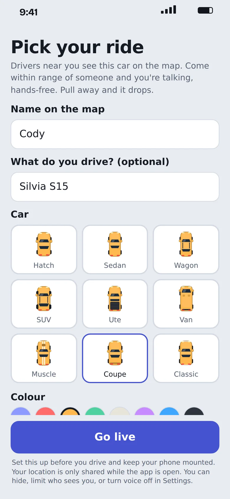 The Pick your ride screen with nine car types, eight colours and a Go live button.