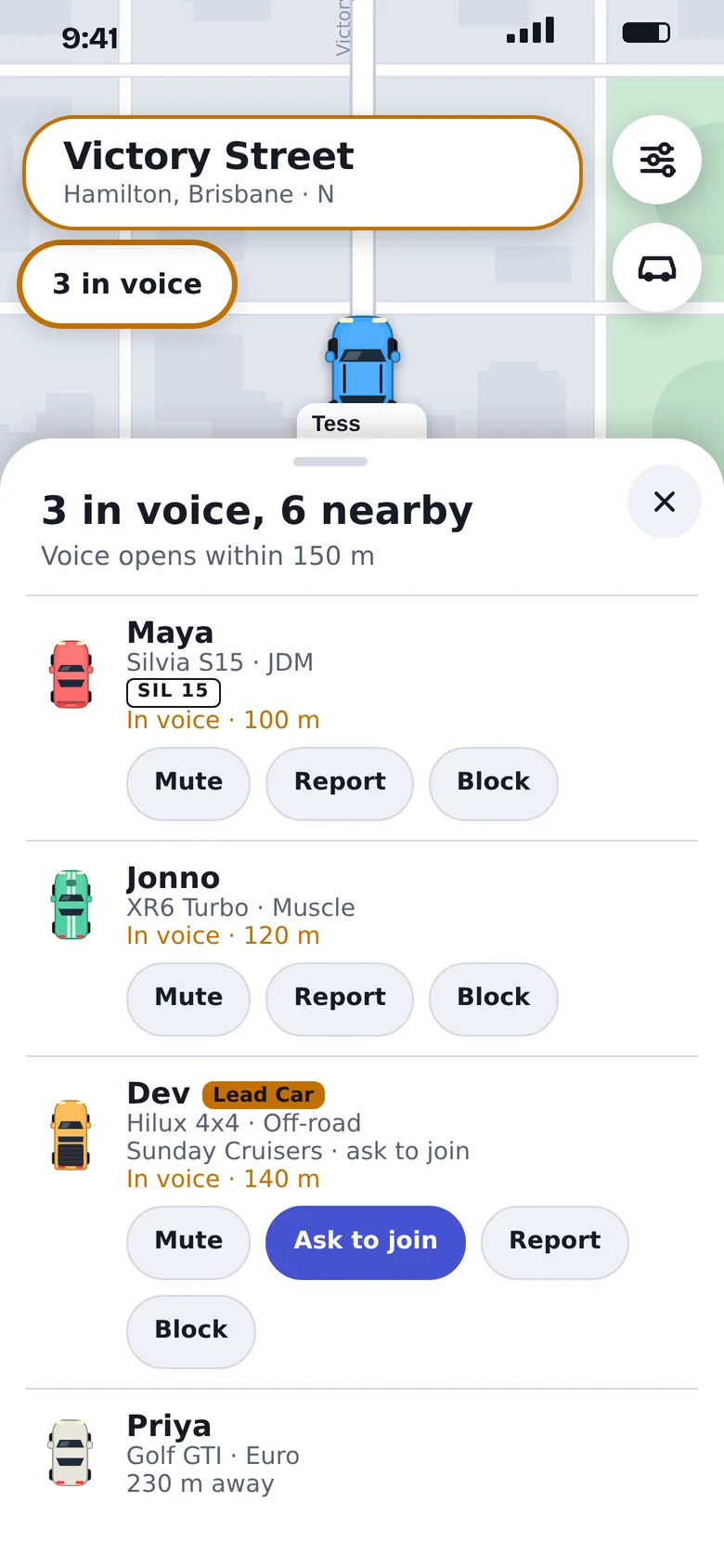 The list of nearby drivers, with who is in voice and buttons to mute, report or block.