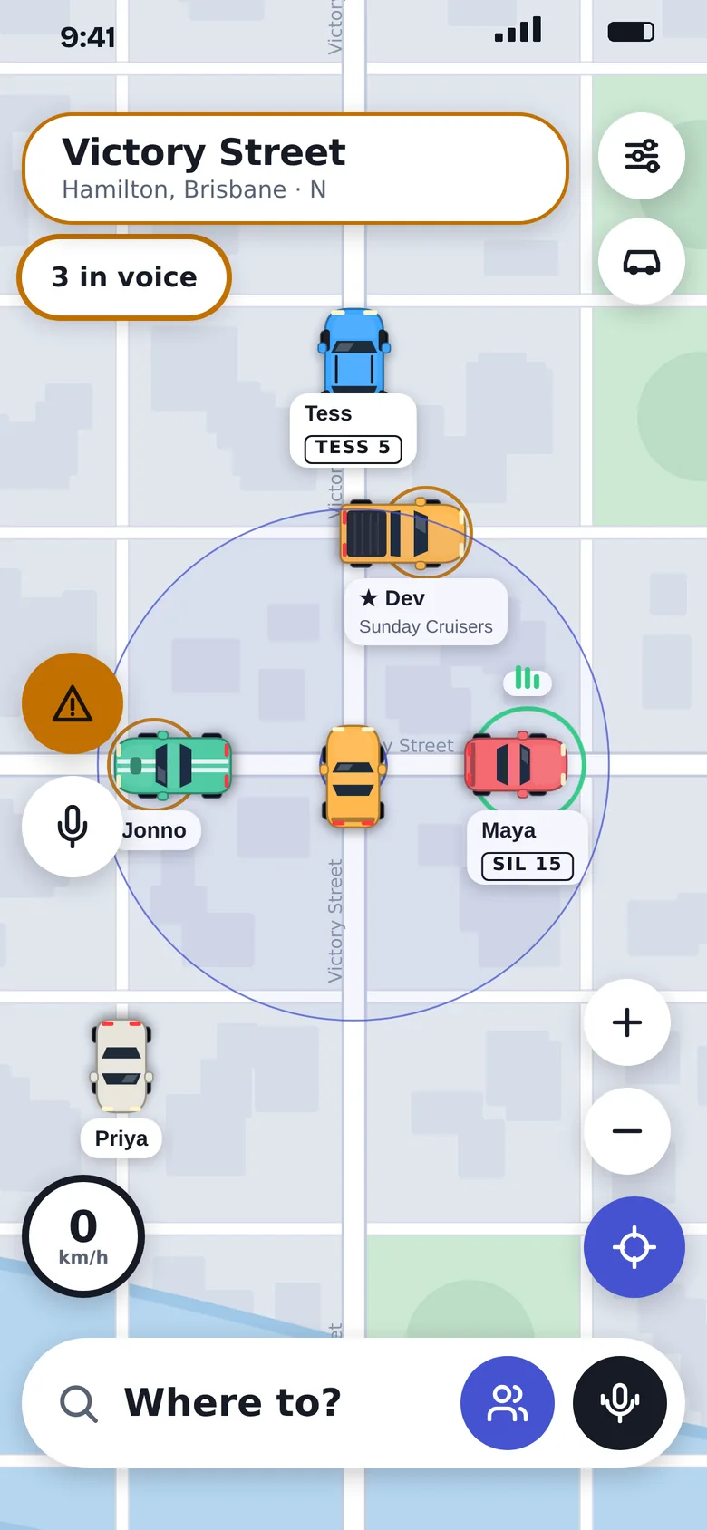 The map with your car in the centre, a voice range ring, and three nearby drivers connected.