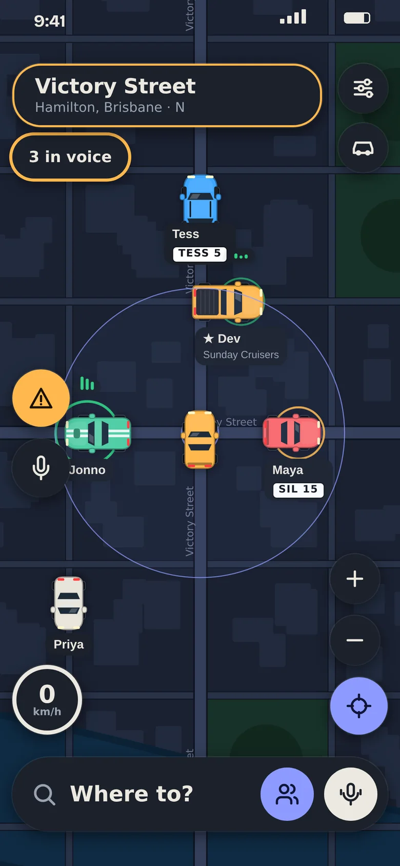 The night map where one driver has a green ring because they are speaking.