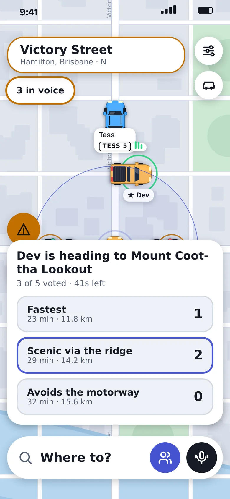 A group route vote with three route options, showing how many people voted for each.